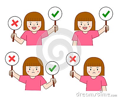 girl holding right or wrong sign. true or false concept illustration Vector Illustration