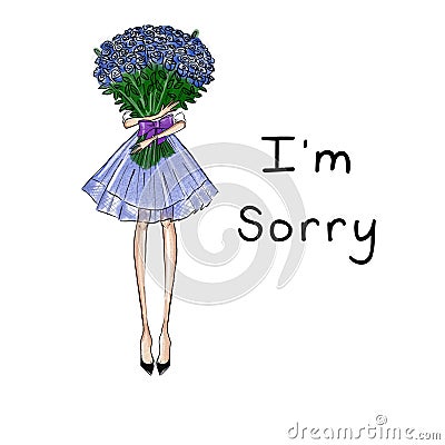 Girl holding roses bouquet with text background Cartoon Illustration