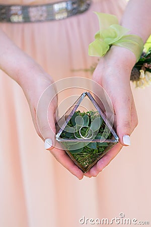 Girl holding a small florarium with succulent and wedding rings inside Stock Photo