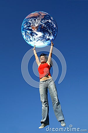 Girl holding the World Stock Photo