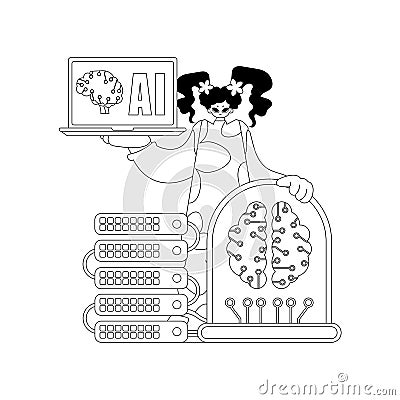 Girl holds an AI model in her hands, artwork in linear style Vector Illustration