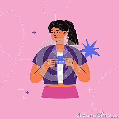 Girl holds credit or debit cards. Secure electronic payment, transfer money, cashless shopping Vector Illustration