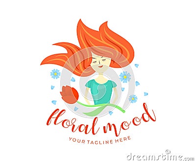 Girl holds a flower with her hair loose, petals fly from the wind, logo design. Spring, floral, fashion and cartoon character, vec Vector Illustration