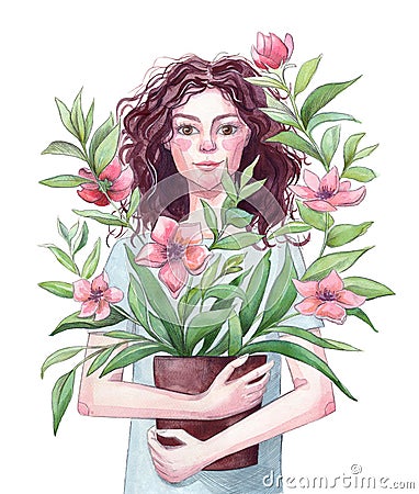 Girl holds a flower pot in her hands Cartoon Illustration