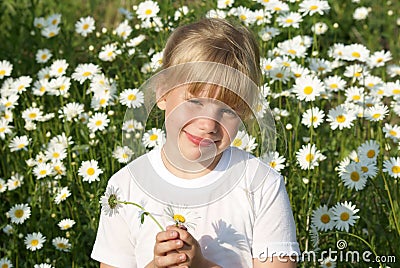 The girl holds in a hand of a camomile Stock Photo