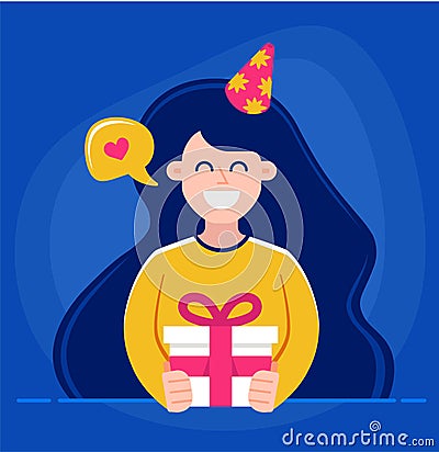 Girl holds in her hands a gift and wishes happy birthday. character vector illustration Vector Illustration