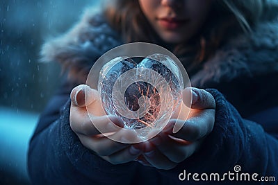 The girl holds an icy heart. The concept of warm tender feelings that can melt cold indifference. AI generation Stock Photo