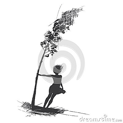 Girl holds onto a tree, the wind blows strong. Sketch Vector Illustration