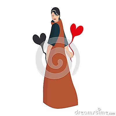 Girl and two hearts. The girl holds a red heart in one hand and a black heart in the other Vector Illustration