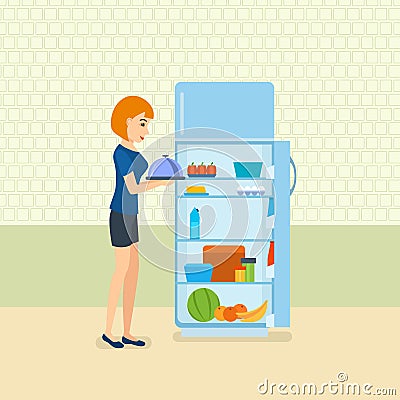 Girl holds tray with food on hands, standing in kitchen. Vector Illustration