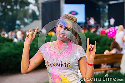Girl in holly paint at the festival. Ukraine, Cherkasy June 1, 2019 Editorial Stock Photo