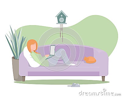 Girl lying on the couch with a laptop Vector Illustration