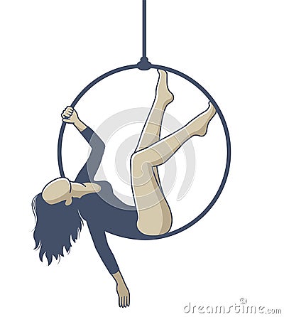 Girl on a hoop hanging on a rope and doing exercise. Cartoon Illustration
