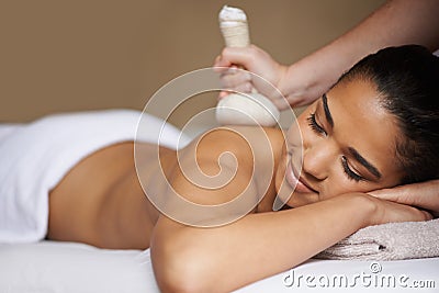 Girl, hot balls or hands for back massage in salon to relax for zen resting or wellness in physical therapy healing Stock Photo