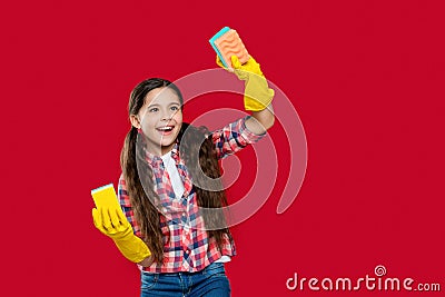 girl housecleaner do chores isolated on red, banner. girl housecleaner do chores in studio. Stock Photo