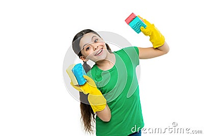 girl housecleaner do chores isolated on white. girl housecleaner do chores in studio. Stock Photo