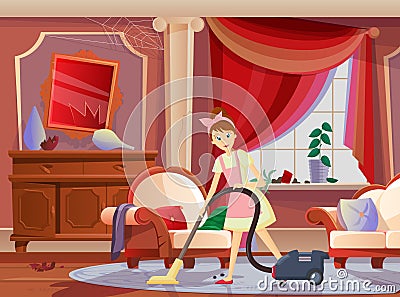 Girl housekeeper, housewife, with a vacuum cleaner in hand. Vector Illustration