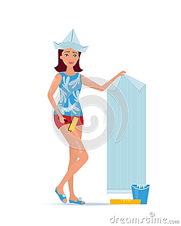 Girl housewife, busy repairing rooms of apartment glue the wallpaper. Vector Illustration