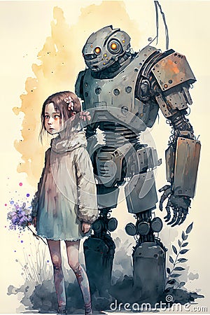 Girl and huge robot.Robot protects children Cartoon Illustration