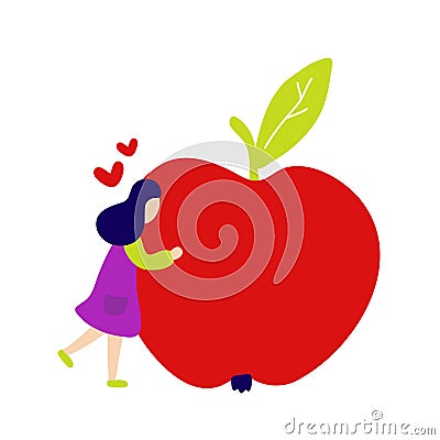 Girl hugging big red apple Vector Illustration