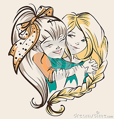 Girl hugging girlfriend. Two happy sisters Vector Illustration