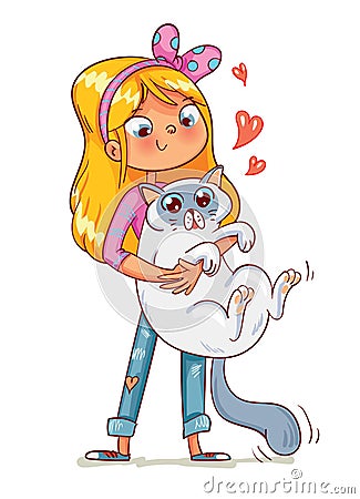 Girl hugging the kitten Vector Illustration