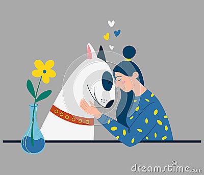 Girl hugs a dog. Woman and a bull terrier. Hugging domestic animal friends, pet owner characters loving and holding. Love and Vector Illustration