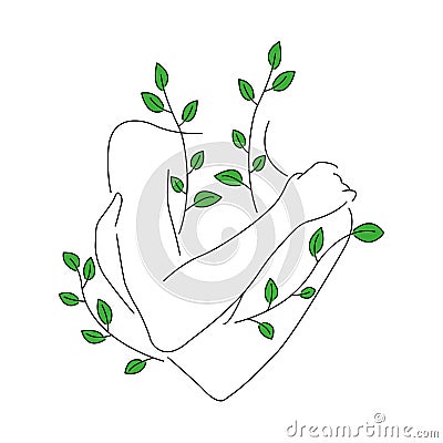 Girl hugs herself, covering her chest, all in branches with green petals. Minimalism style. Design suitable for decoration Stock Photo