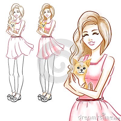 The girl hugs a little dog of a chihuahua Vector Illustration