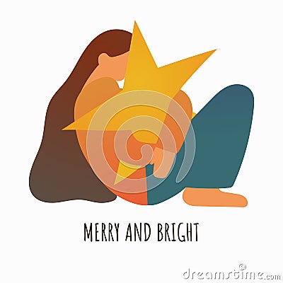 The girl hugs the star. christmas miracle, gift. Creative concept for a Christmas greeting card. Vector Illustration
