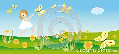 A girl hurries after a butterfly Vector Illustration