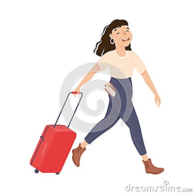 Girl Hurrying to Flight at Airport, Young Woman Carrying Luggage, Female Tourist Going on Summer Vacation Cartoon Vector Vector Illustration