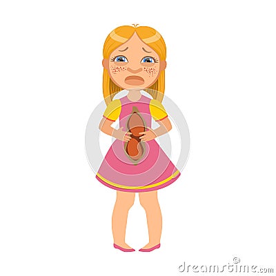 Girl With Hurting Belly,Sick Kid Feeling Unwell Because Of The Sickness, Part Of Children And Health Problems Series Of Vector Illustration