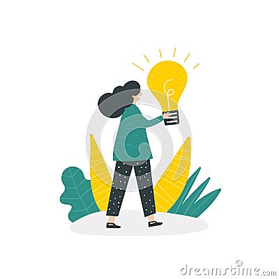Girl with idea light bulb. Cute hand drawn doodle concept illustration with woman, plants. Vector Illustration