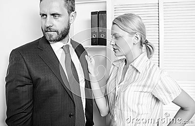 Girl indecent behavior. Sexual harassment in workplace. Abusive boss. Stock Photo