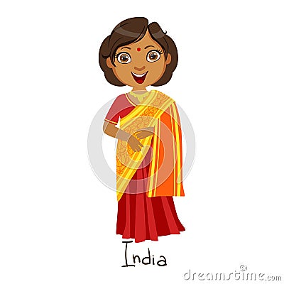 Girl In India Country National Clothes, Wearing Sari Dress Traditional For The Nation Vector Illustration