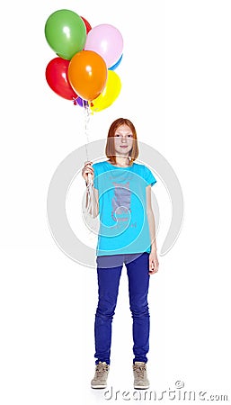 Girl with inflatable balloons isolated on white background Stock Photo