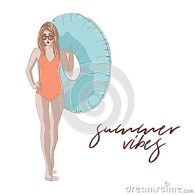 Girl with inflatable ring summer illustration. Pool party art. Women in swimmingsuit with air seat. Leisure vacation Vector Illustration