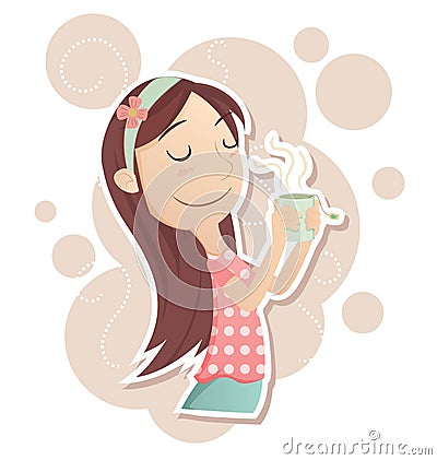 Girl inhale the aroma of tea Vector Illustration