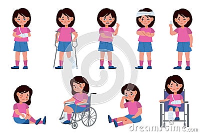 Girl with injury. Child character with wounds, traumatized kid, scratching fractures and wheelchair, physical damage Vector Illustration