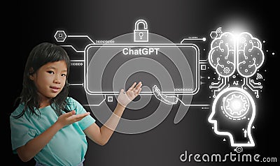 A girl introduces chatting with a smart AI or artificial intelligence using a virtual screen of an intelligent chatbot by OpenAI. Stock Photo