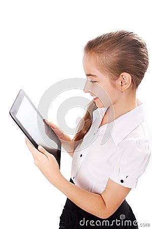 Girl with ipad like gadget Stock Photo