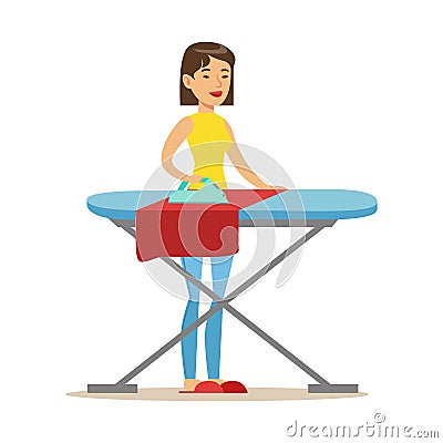 Girl Ironing Laundry After Washing, Part Of People Using Automatic Self-Service Laundromat Washing Machines Of Vector Vector Illustration