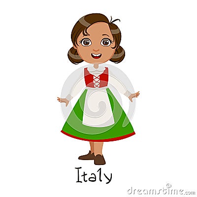 Girl In Italy Country National Clothes, Wearing Green Skirt And Apron Traditional For The Nation Vector Illustration