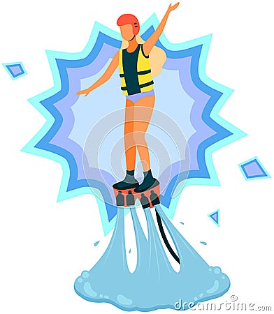 Girl in jet boots flies over water. Seaside leisure, beach and recreation, flyboarding concept Vector Illustration