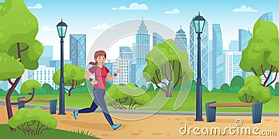 Girl jogging in city park. Active woman run on training, outdoor sport activities and healthy lifestyle cartoon vector Vector Illustration