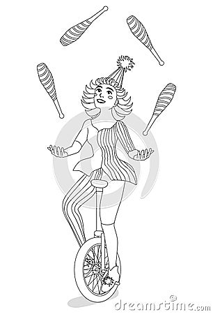 Girl juggler on a unicycle for coloring book Vector Illustration