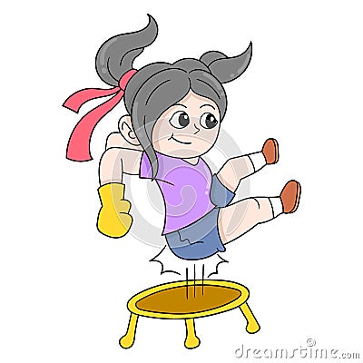 Girl jumping jumping exercising trampoline, doodle icon image kawaii Vector Illustration