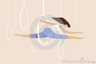 An acrobatic woman jumps through rings Vector Illustration