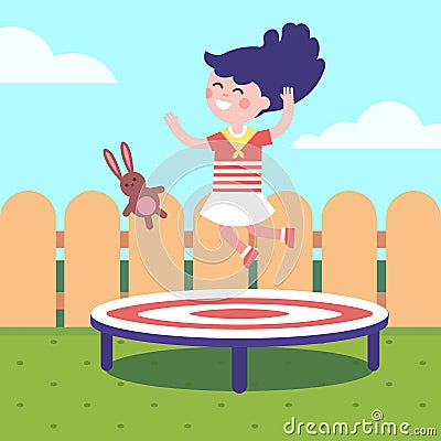 Girl jumping on a trampoline at the backyard Vector Illustration